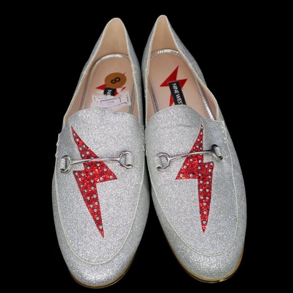 Nine West Wild Girls Lightning Bolt Horsebit Loafers Shimmer Silver/Red 8M - Picture 2 of 7